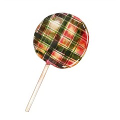 A watercolor painting of a lollipop with a plaid pattern.