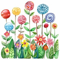 A watercolor painting of a garden of flowers with bright colors and simple shapes.