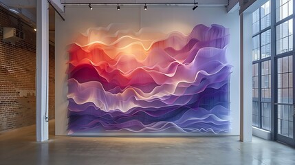 An expansive mural with large, sweeping smears of pastel lilac, creating waves of color that seem...