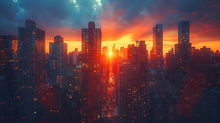 An urban skyline at golden hour, with the setting sun casting a golden topaz glow on the buildings, highlighting their architectural details . - Powered by Adobe