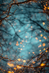 Beautiful fairy lights pattern with tree branches around the frame with blank center for background.