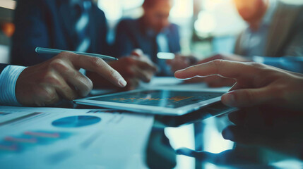 Group of business professionals engaged in a meeting, discussing and analyzing financial charts on digital devices.