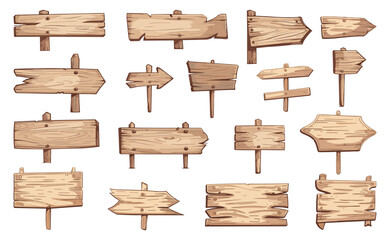 Blank wooden planks or signboards set. Signs for messages or pointers with arrow. Pathfinders