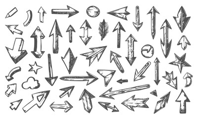 Black hand drawn arrows pointers signs, vector graphic elements isolated on white background
