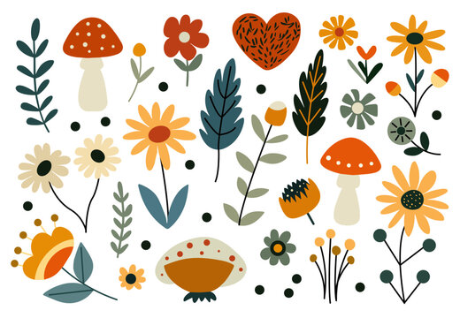 Autumn leaves flowers and mushrooms in simple cilir flat style isolated on white