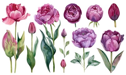 Floral roses and tulips elements set. Watercolor botanical illustration, Generative AI 