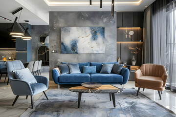 Modern interior of the living room with sofa and armchair, decorated in grayblue tones