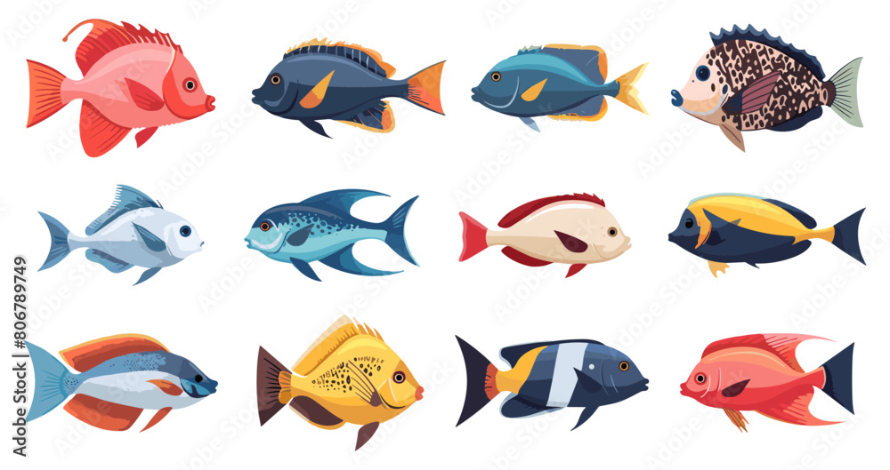 Wall mural ocean cartoon fish set simple. vector graphic - Wall murals