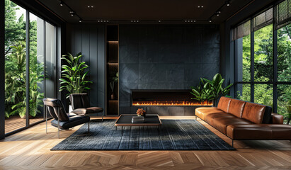 modern interior design, living room with dark blue walls and wood floor, leather sofa and armchair near fireplace, black wooden ceiling slats