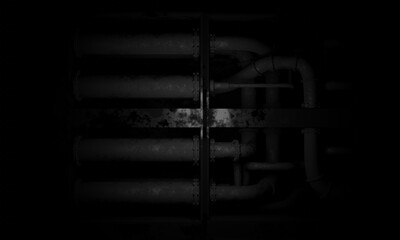Aerial view of steel pipe in dark scene science fiction general base of operations 3d render wallpaper background