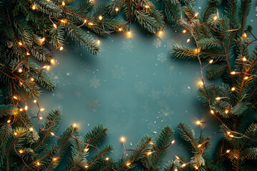 Beautiful fairy lights pattern with tree branches around the frame with blank center for background.