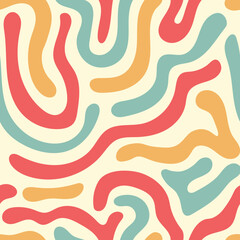 Colorful abstract vintage seamless pattern 60s 70s style. Trendy hand drawn wavy background with curvy shapes squiggles vibrant colors. Retro aesthetic texture. Repeat vector illustration