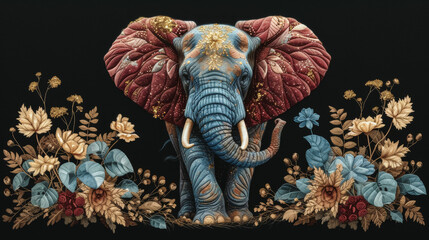elephant in the art style of bold colors and quilted patterns, whimsical designs