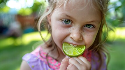 A happy little girl with freckles is enjoying a slice of lime, savoring its tangy flavor. She sits on the grass, embracing the natural food and sharing it with joy AIG50