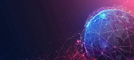 Obraz premium Abstract background with a digital globe and connecting lines, with a blue purple gradient color