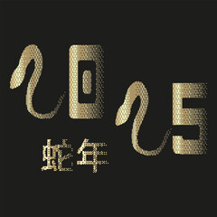 Grunge Pixel vector 2025 New Year banner design isolated black background. Snake 2025 number for Typogrpahy template in trend Chrome Metal Golden style. Luxury vector for Web. 蛇年-Snake Year 