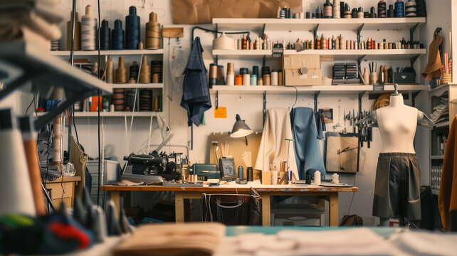 Fashion designer studio interior with various sewing items in an industrial style