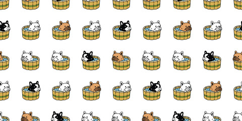 dog seamless pattern french bulldog shower bathing wooden oak bathtub teak puppy vector bone pet toy duck rubber doodle cartoon gift wrapping paper tile background repeat wallpaper illustration scarf 