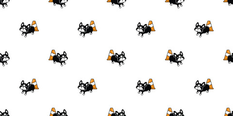 dog seamless pattern french bulldog traffic cone vector cartoon puppy pet doodle tile background gift wrapping paper repeat wallpaper illustration scarf isolated design