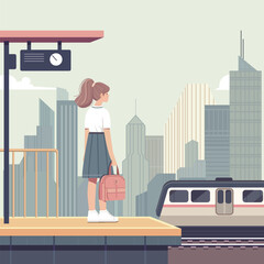 Girl Train Railway platform Trip City Transport