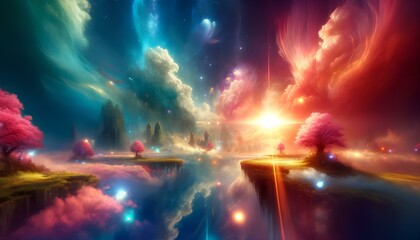 Fototapeta premium A vibrant, fantastical scene with swirling clouds and colorful sky illuminating rocky landscapes and mystical energy beams.