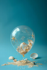 giant transparent balloon with seashells and sand inside on a blue background in a minimalistic style, summer travel, beach party festive concept