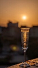 Glass of sparkling wine on a table against a sunset background