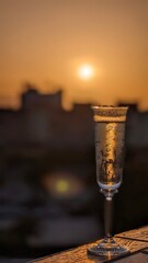 Glass of sparkling wine on a table against a sunset background