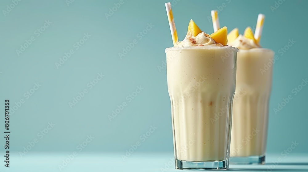 Wall mural   Two milkshakes in glasses, each topped with a straw, on a blue table against a blue background