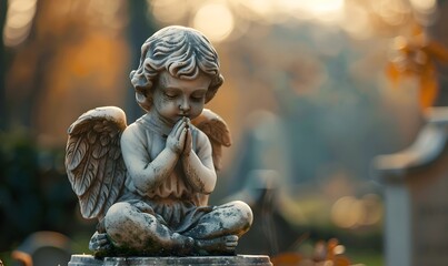 Angel statue praying on graveyard close up, Generative AI 