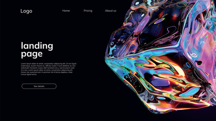 landing page template with bright fluid holographic ice cube
