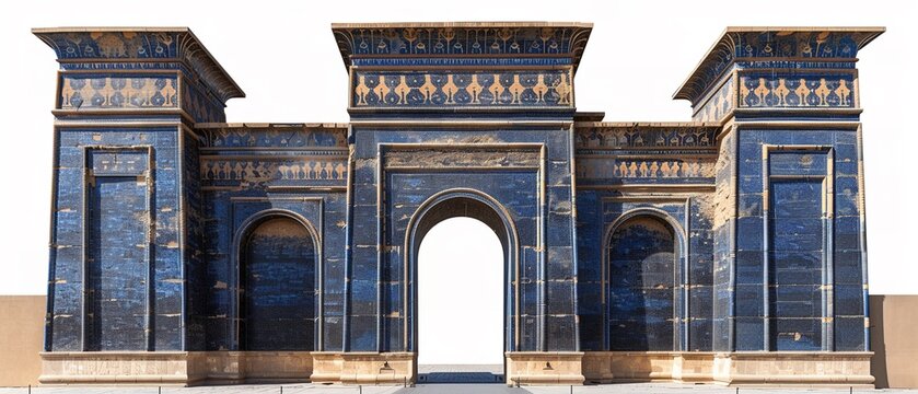 An isolated view of the Babylonian Ishtar Gate, showcasing its majestic design against a white background