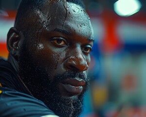 A close up portrait of a male boxer with sweat on his face. - obrazy, fototapety, plakaty