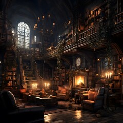 Interior of a room with a fireplace and a bookcase.