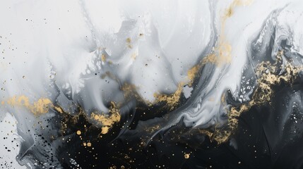 Abstract black, white and gold painting art with brush strokes in the style of abstract expressionism.