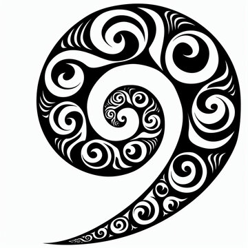 Māori koru tattoo symbol, loop, twist, curve, circular, life cycle, black and white
