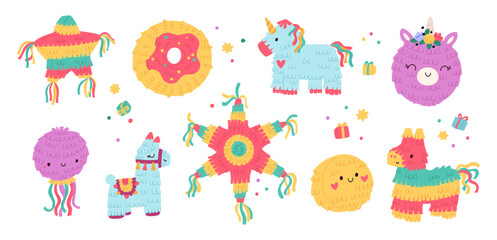 Holiday Mexican pinatas. Kids birthday party colorful accessories. Paper containers with sweets or confetti. Cute animal shapes. Carnival toys. Traditional celebration. Garish vector set