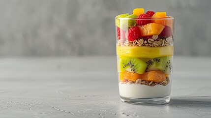   A glass holding yogurt, adorned with fruits and granola, sits atop a table, nestled against a wall
