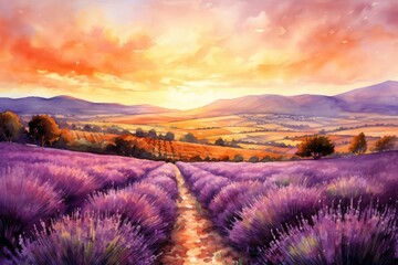 Sunset casting warm hues over the lavender fields, enhancing the natural purples, watercolor on white background, vibrant