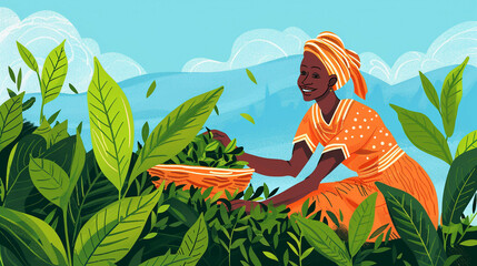 Fototapeta premium African woman harvests tea at a plantation in Kenya. Copy Space. International Tea Day concept.