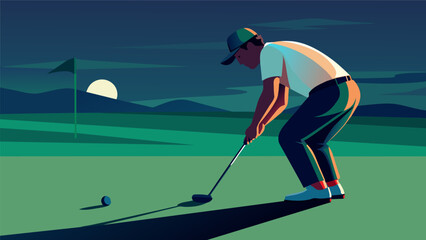 A golfer lining up a putt as the fading sunlight casts long shadows across the green.. Vector illustration