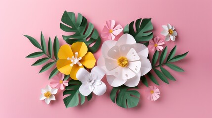 Creative Layout Made Of Paper Flowers And Leaves, Cartoon Background