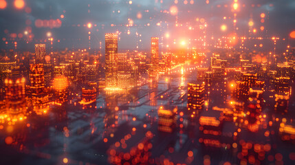 Fototapeta premium A vibrant digital cityscape at night, illuminated with glowing orange lights, resembling a futuristic metropolis or network visualization