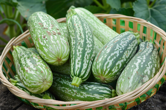 Fresh green striped cushaw squashes harvest in a basket and organic vegetables.