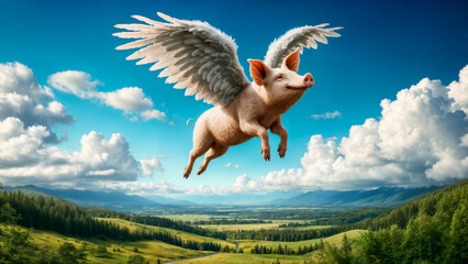 "When Pigs Fly" idiom, featuring pig with ethereal angel wings, soaring in landscape.