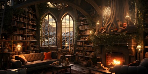 A panoramic shot of a cozy living room with a fireplace