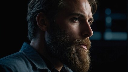 bearded man in profile 30-35 years old on black background