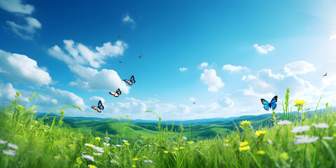 Blooming meadow with green meadow and flying butterflies. Rural panorama with hills and green nature.