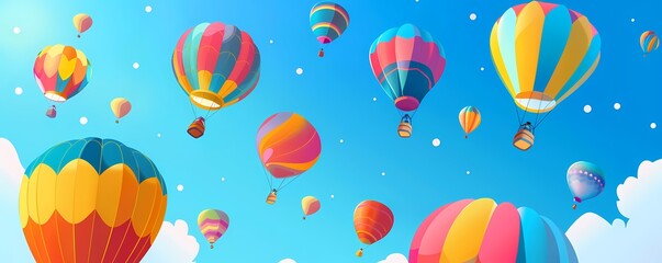 Fototapeta premium Colorful hot air balloons in the sky illustration with copy space. Aerostat festival. Travel agency or adventure tour banner. Vacation trip.