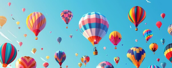 Colorful hot air balloons in the sky illustration with copy space. Aerostat festival. Travel agency or adventure tour banner.